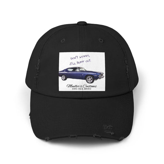 Unisex Distressed Cap - Fun Car Design with 'Don't Worry, It'll Buff Out' Quote